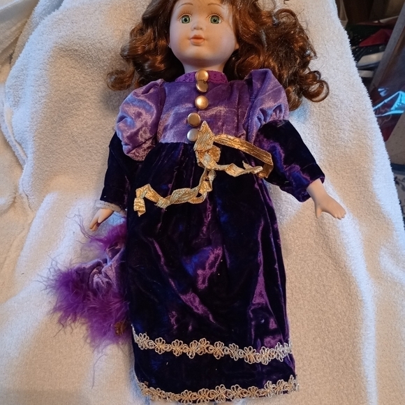 PURPLE Porcelain Doll With Matching Hat And Purse Curly Hair - Picture 1 of 4